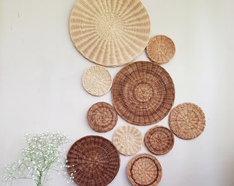 Juego de cestas de pared de mimbre estilo bohemio, platos decorativos tejidos