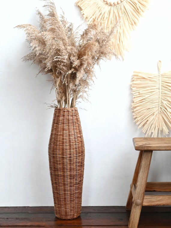 Große Korb-Bodenvase: Pampasgras-Dekor (53cm)