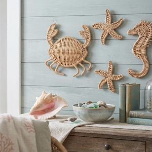 Wicker Coastal Wall Decor Set, Rattan Crab Seahorse Starfish Wall Art, Beach House Decor, Nautical Wall Hanging, Boho Coastal Nursery Art