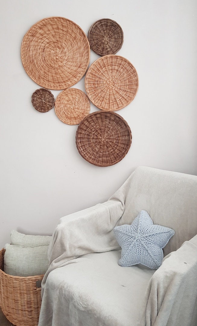 Wicker Wall Basket Plates Boho Decor Set Of 6