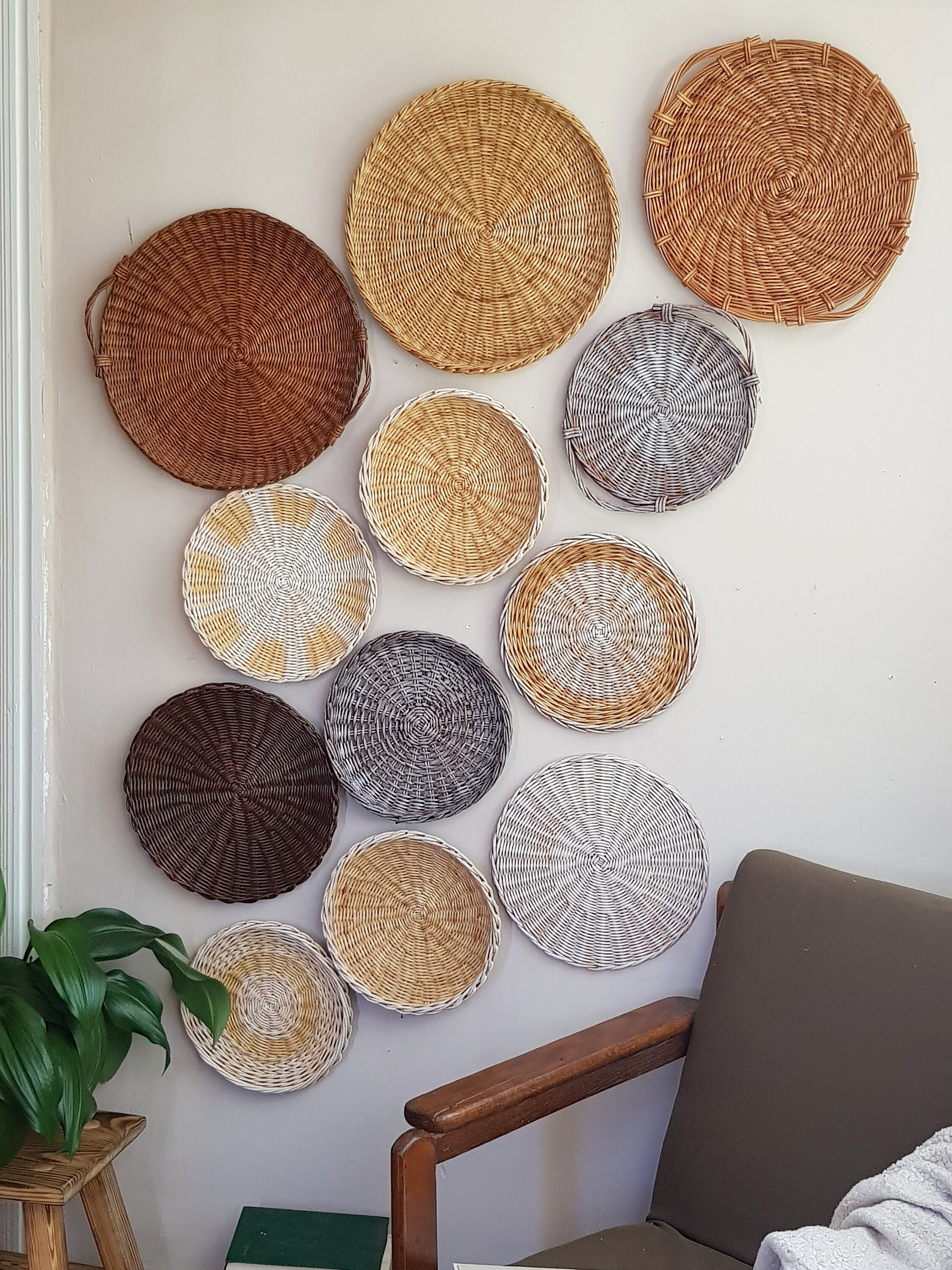 Set of 12 Wall Wicker Baskets, Wall Decor Set, Wicker Wall Decoration, Boho Wicker Basket Wall