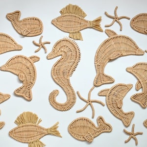 Marine animal wall decor, Nursery nautical wall decor, Wicker coastal hanging decor, Under the sea children&#39;s wall decor set
