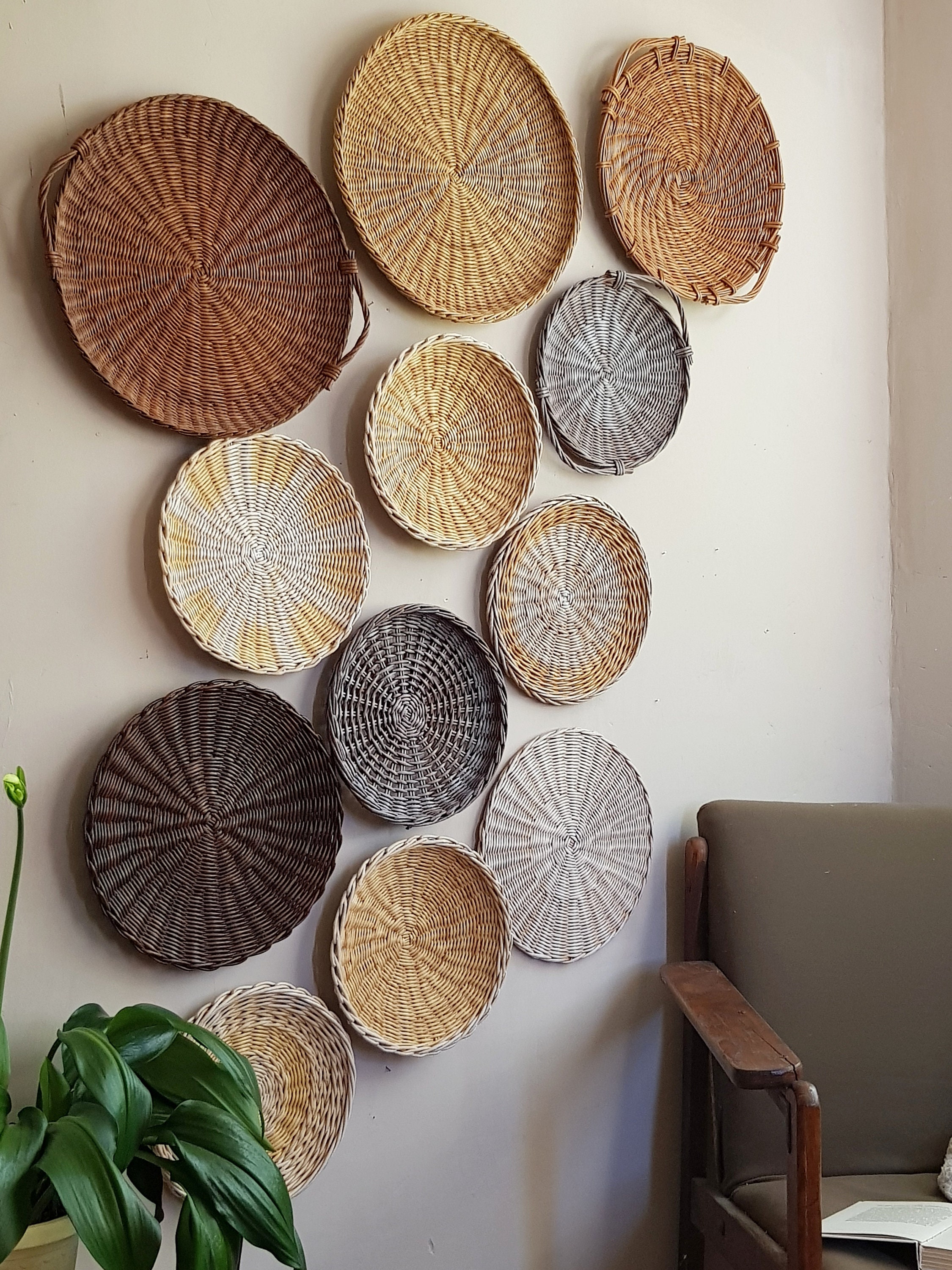 Decoración Bohemia Para Pared (8 Piezas) - Cestas De Ratán Tejidas A Mano, Color Beige