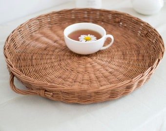 Round wicker tray, serving tray, breakfast tray, handmade tray, kitchen tray, Round Basket Tray, Handled Basket Tray