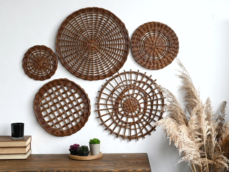 Set of Brown Wicker Hanging Baskets Boho Wall Wicker Plates Etsy