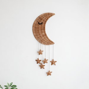 Wicker wall moon, wall hanging moon, wicker moon in the nursery, wall decor moon, wall moon with stars, wicker wall stars, boho wall decor