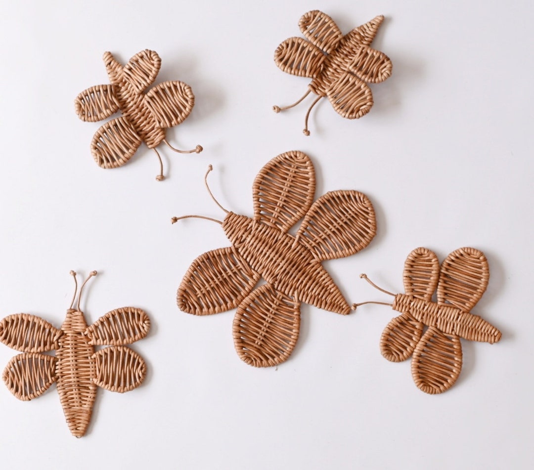 Set of 5 Wall Hanging Wicker Butterflies, Butterfly Nursery Decoration, Kids Room Decoration