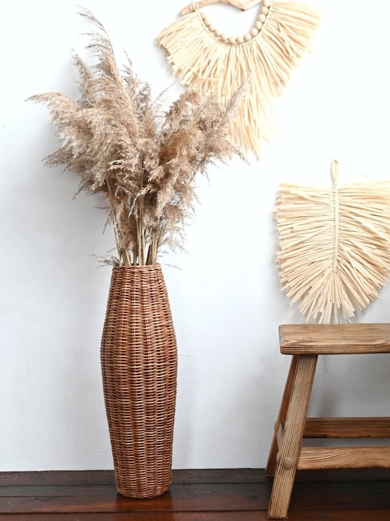 Leewadee Grote Home Decor Vloervaas - Houten Hoge Boerderij Decor - Bloemenhouder Voor Nep Plant En Pampas Gras, 110 cm, Wit