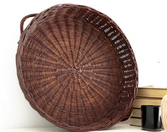 Round wicker tray, Serving tray, Breakfast tray, Handmade tray, Kitchen wicker tray, Round Basket Tray, Handled basket tray, Brown tray,