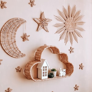 Celestial wicker wall decor, Moon wall hanging, Sun and moon wall decor, Kids wall decor, Cloud wall shelf, Wall decor starry sky