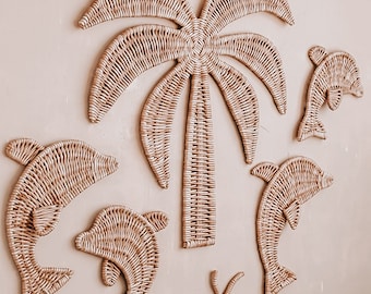 Wicker Palm Tree and Dolphin Wall Decor: Coastal Nursery Art