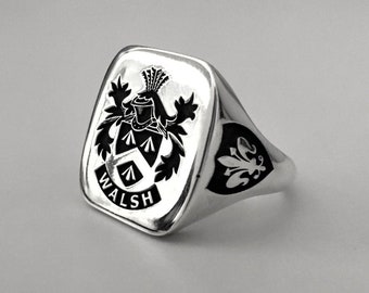 Custom Cushion Square Family Crest 925 Sterling Silver Ring, Personalized Signet Ring