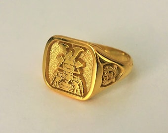 Custom Gold Plated Signet Ring, Solid 925 Gold Plated Ring, Family Crest Ring, Coat of Arm Ring, Heraldic Ring, Personalized & Customized