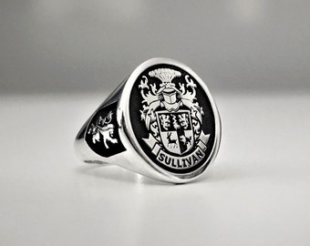 Custom Silver Signet Ring, Family Crest, 925 Sterling Silver, Heraldic Jewelry