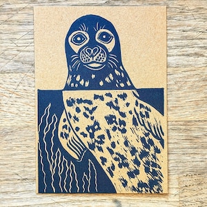 Harbour Seal Card, Hand Printed Linocut
