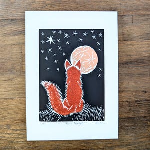 Imprimé renard et lune, linogravure imprimée à la main