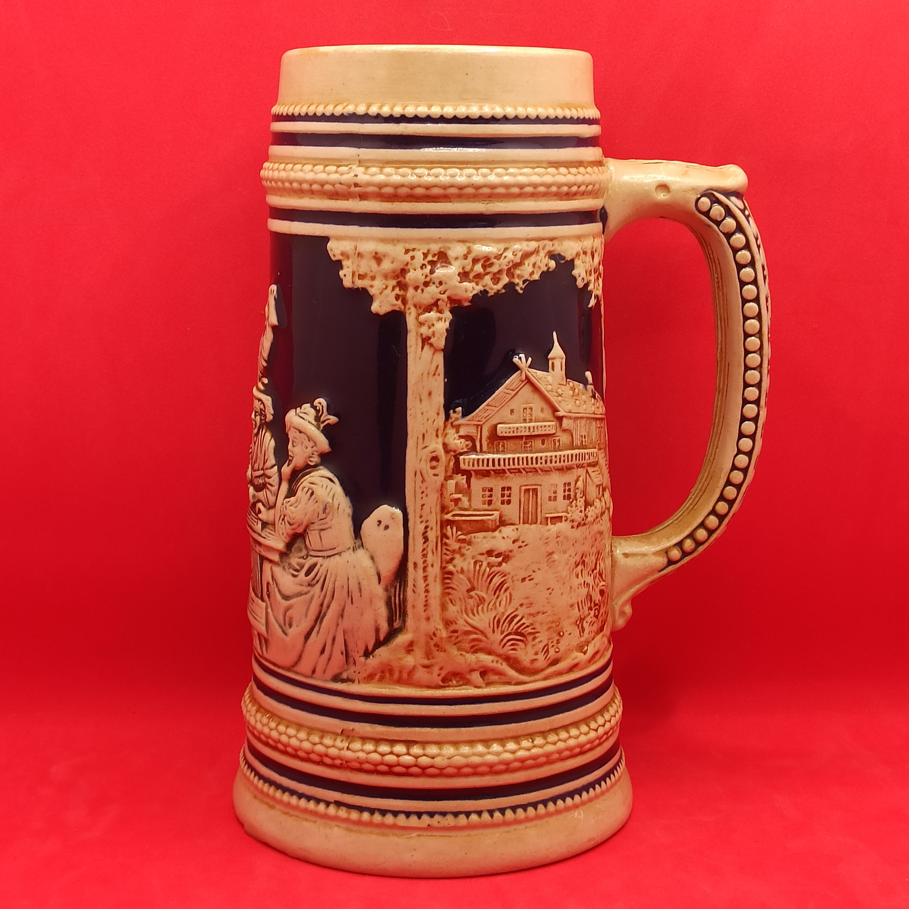 Verre A Bière Ancien, 1 Litre, Décoré et Peint Main, Fabrique Marzi Remy Allemagne, Authentique Old