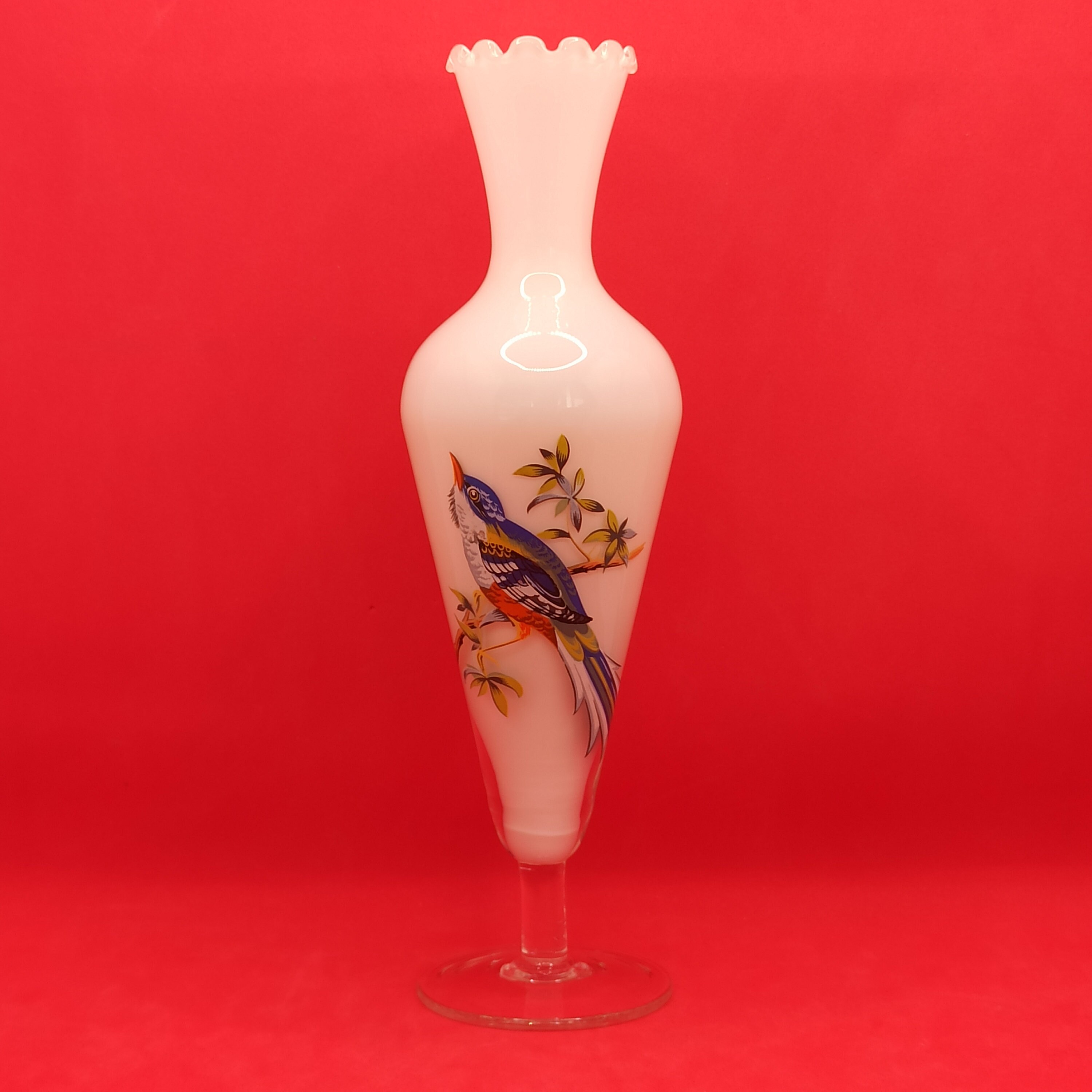 Soliflore en Véritable Opaline, Peint Main, Décor de Mésange, Apporte Bonheur et Fidélité, Travail d