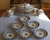 Table service in Earthenware, old Moustiers, soup bowl, plates, pots bowls, original handmade, signed, France, old, AntiqueFrenchArt