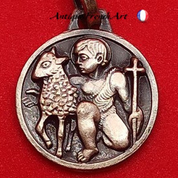 Médaille religieuse, médaillon de baptême, pendentif en bronze argenté, bijou de naissance, fait main France, bijou ancien de collection