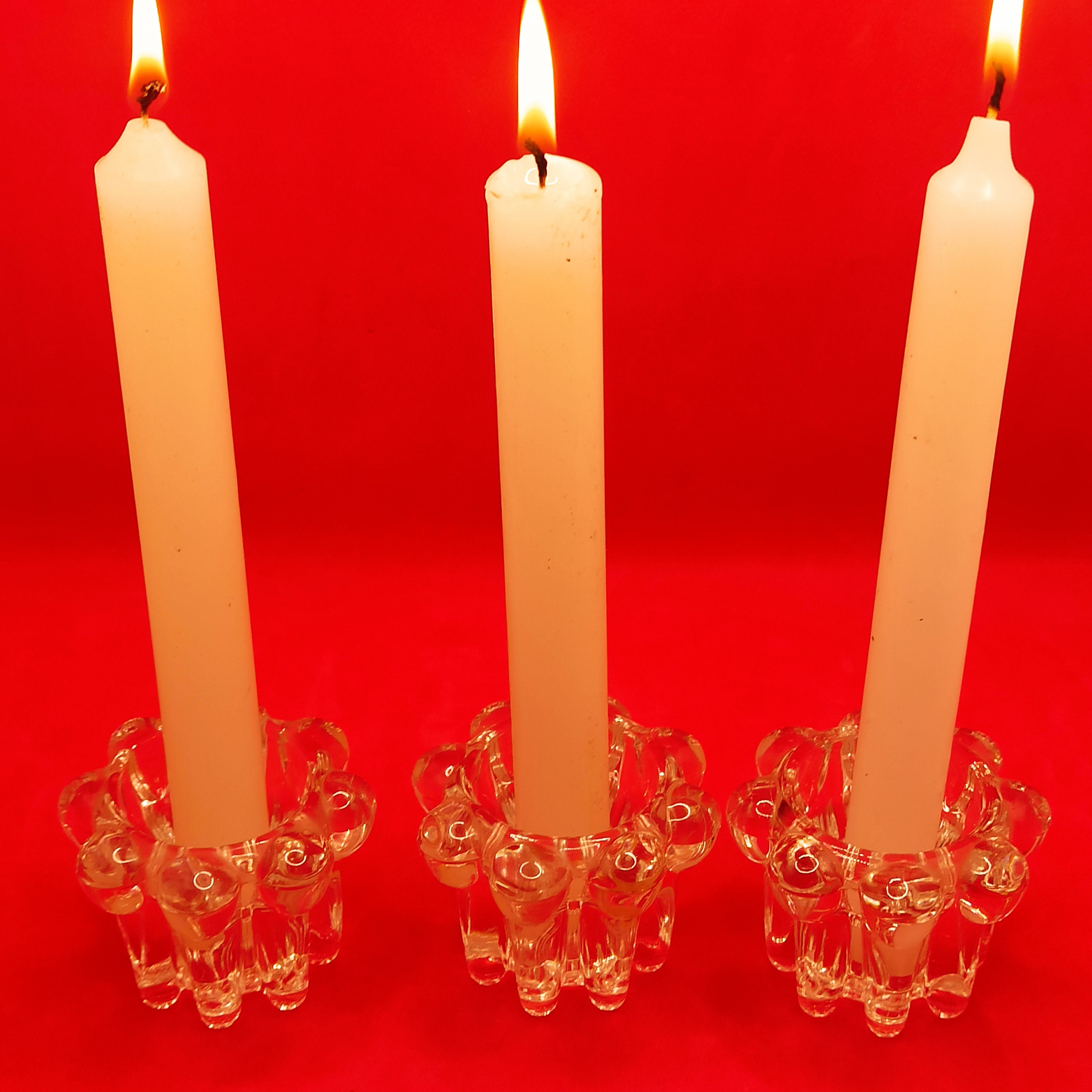 Série de 3 Bougeoirs en Verre Ancien, Marque Vmc, Signé Reims France, Porte Bougie Soliflore, 1 Bobè