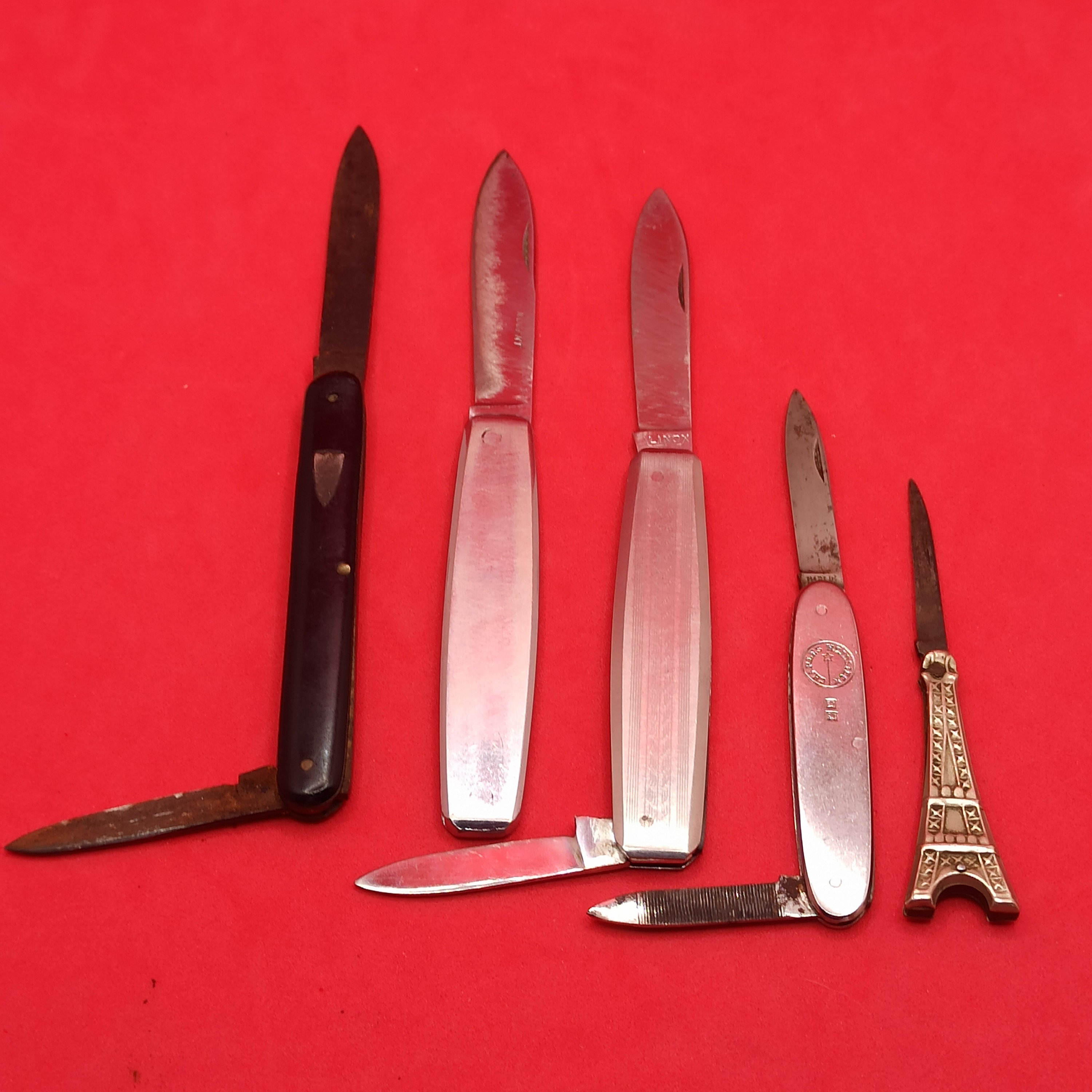 5 Couteaux de Poche Ancien, Heidsieck, Nogent, Alinox, Jds Couronne, Tour Eiffel, Paris France, Coll