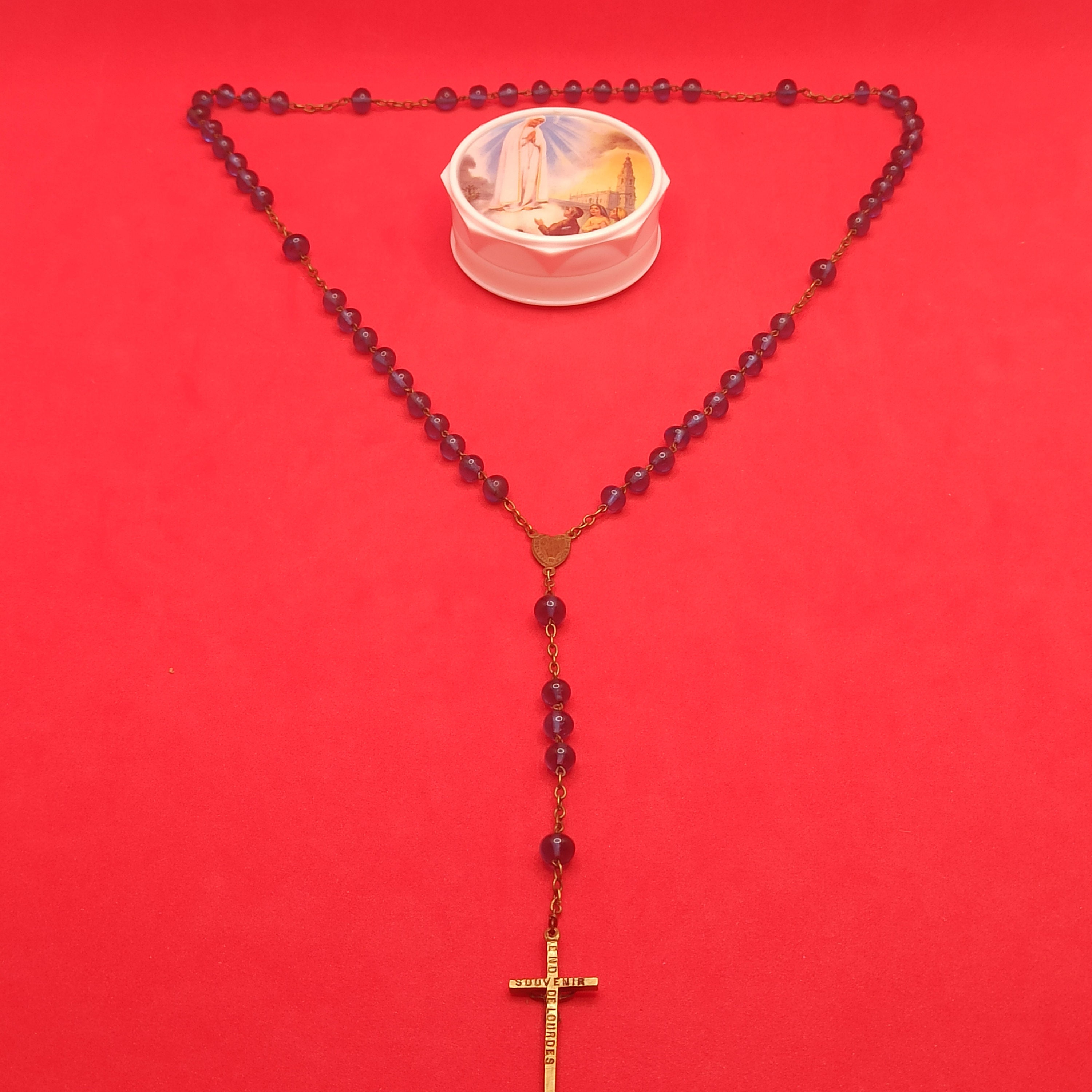 Ancien Chapelet de Pétale Rose, Notre Dame Lourdes, O Marie Conçue Sans Péché P.p.n, Métal Doré, Fra