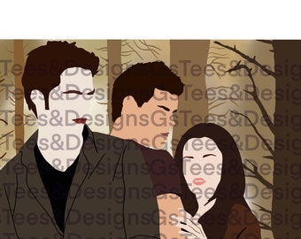 May include: A digital illustration of three people standing in a forest. The people are a man with dark hair and a dark green jacket, a man with dark hair and a dark red shirt, and a woman with long dark hair wearing a brown shirt. The background is a forest with brown trees.