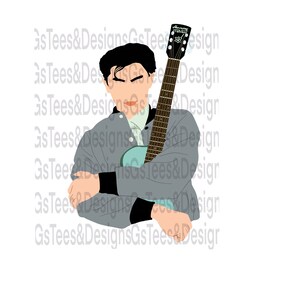 May include: A man wearing a gray jacket with a blue guitar slung over his shoulder. He is looking down at the guitar.