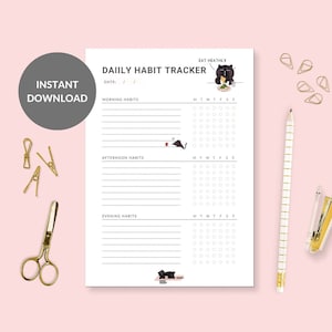 May include: A printable daily habit tracker with a black cat illustration. The tracker includes sections for morning, afternoon, and evening habits, with a grid for tracking daily progress. The text "EAT HEATHLY" is at the top of the page.