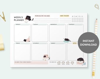 Printable weekly planner cat to do list notepad cute memo pad kawaii organiser undated planner goal planner undated weekly planner notepad