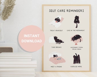 Self Care Reminder PRINTABLE FILE Cute Cat Mental Health Well Being Supportive Positive Affirmation Therapy Counselor Wall Art