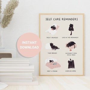 Self Care Reminder PRINTABLE FILE Cute Cat Mental Health Well Being Supportive Positive Affirmation Therapy Counselor Wall Art image 1