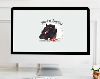 Funny Black Cat "Pro-cat-stinator" Desktop & Phone Wallpaper (Digital Download)