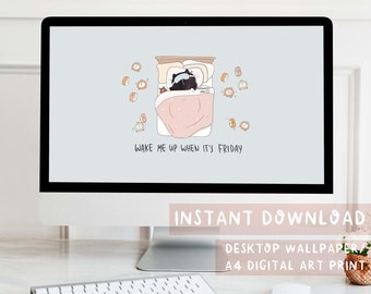 Black Cat Desktop Wallpaper, Funny Sleeping Cat Art (Digital Download)