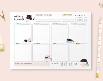 Weekly planner cat  to do list notepad cute memo pad kawaii organiser undated planner goal planner undated weekly planner notepad