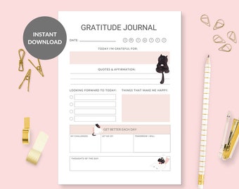 Gratitude journal printable self care journal gratitude diary mindfulness journal gratitude template gratitude planner cat printable journal