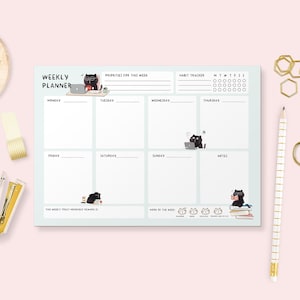 Cute Weekly Planner Pad, A5 Desk Organizer, Cat Themed Planner, Productivity Notepad, Cat Stationery, weekly planner, Cute cat planner