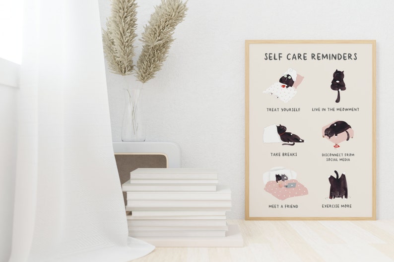 Self Care Reminder PRINTABLE FILE Cute Cat Mental Health Well Being Supportive Positive Affirmation Therapy Counselor Wall Art image 4