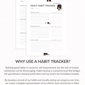 May include: A printable daily habit tracker with a black cat illustration. The tracker includes sections for morning, afternoon, and evening habits. The text "Eat Healthily" appears at the top of the page.