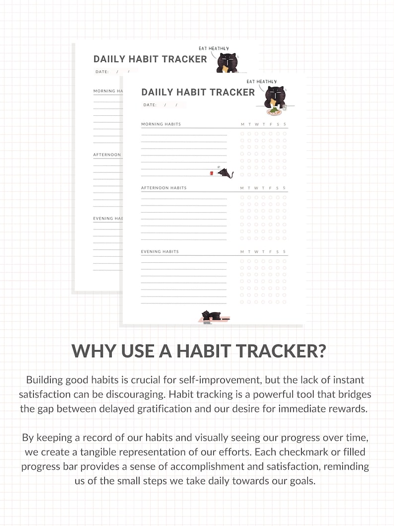 May include: A printable daily habit tracker with a black cat illustration. The tracker includes sections for morning, afternoon, and evening habits. The text "Eat Healthily" appears at the top of the page.
