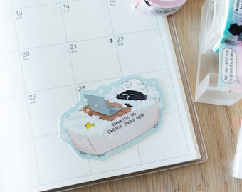 Funny self-care cat sticker, tired cat vinyl decal, cozy bath aesthetic sticker, relaxing waterproof sticker, introvert humor sticker