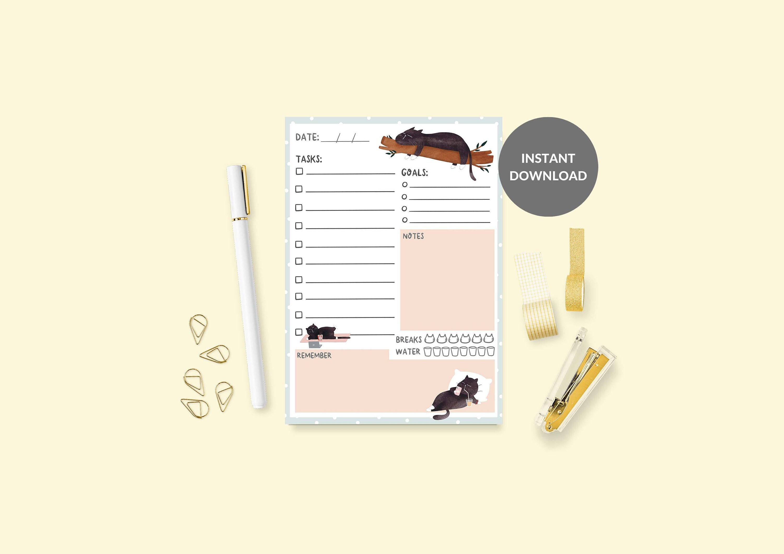 To Do List PRINTABLE Cute Black Cat Planner Tear Off Pad Home School Work Task Organizer Goals Notes Reminder Pocket Memo Pad