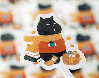 Autumn Black Cat Vinyl Sticker | Cozy Fall Laptop Decal