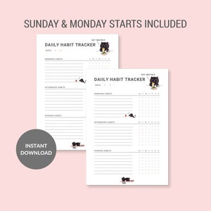 May include: Two printable daily habit tracker pages featuring a black cat illustration. The pages include sections for morning, afternoon, and evening habits, as well as a weekly habit tracker grid. The text "Eat Healthily" appears at the top of each page.