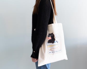 Cat and Books Cotton Tote Bag, Book Lover Gift