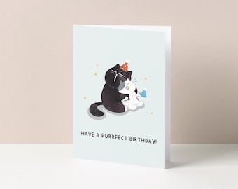 Cute Cat Birthday Card – Purrfect Hug, A6 Greeting Card