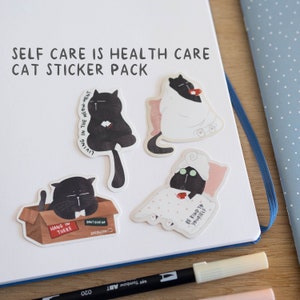 Self Care Stickers Unique Cat Stickers Black Cat Stickers Cat Sticker Pack Mental Health Cats Journaling Stickers Planner Stickers