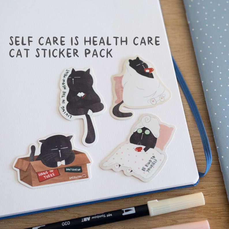 Self Care STICKERS PACK Black Cat Mindfulness Self Love Wellness Everyday Planner Organizer Kitten Labels for Notebook Journal Scrapbook image 1