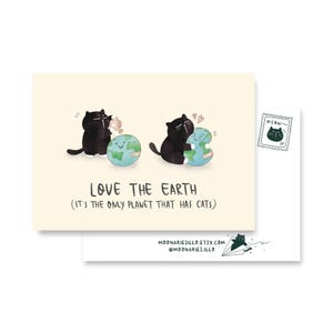 Earth day post card, Eco-friendly cat postcard, cute planet Earth card, environmental stationery, climate change awareness, earth day card